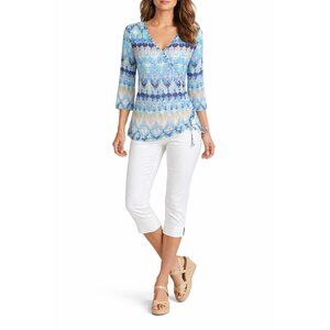 Hearts of Palm Blue Ikat Wrap Top M Studded Boho Resort Blouse Spring